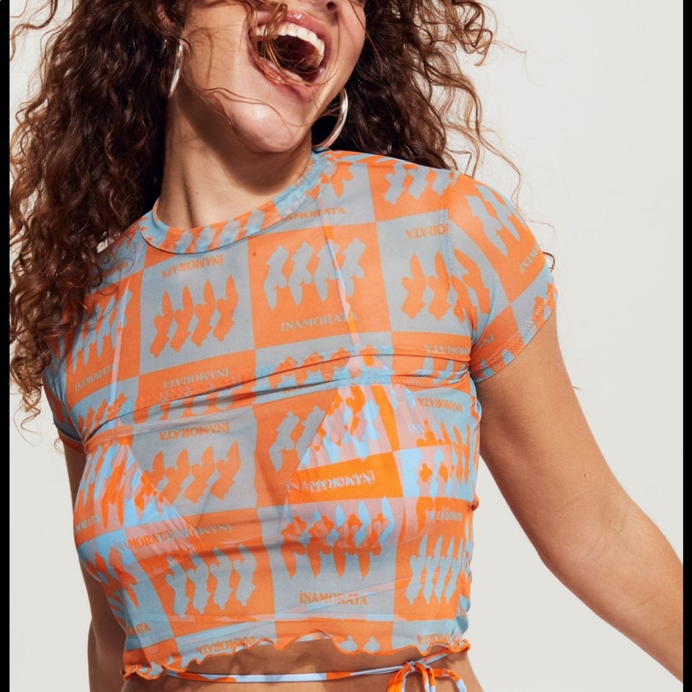 iNAMORATA Tangerine Check Bambi Mesh Tee | Size M